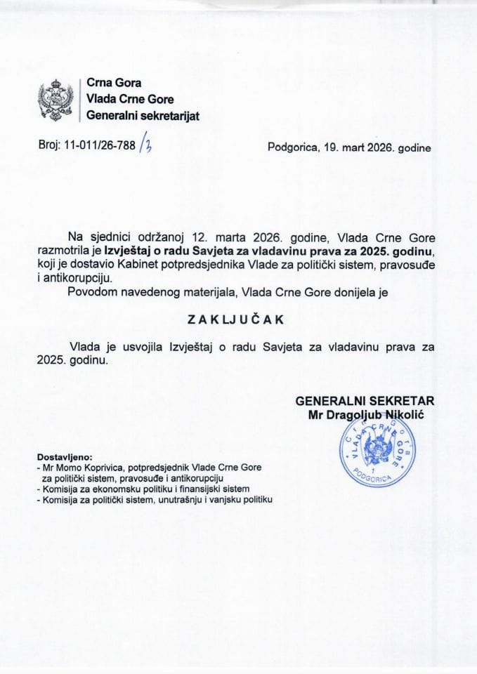 Izvještaj o radu Savjeta za vladavinu prava za 2025. godinu - zaključci