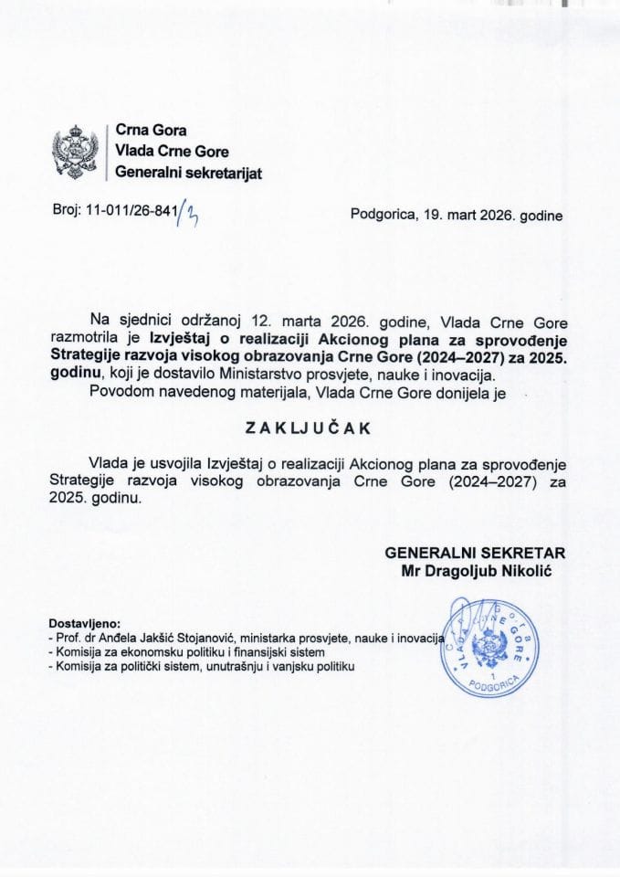 Izvještaj o realizaciji Akcionog plana za sprovođenje Strategije razvoja visokog obrazovanja Crne Gore (2024–2027) za 2025. godinu - zaključci