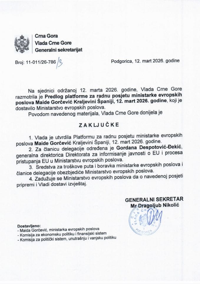 Predlog platforme za radnu posjetu ministarke evropskih poslova Maide Gorčević Kraljevini Španiji, 12. mart 2026. godine - zaključci
