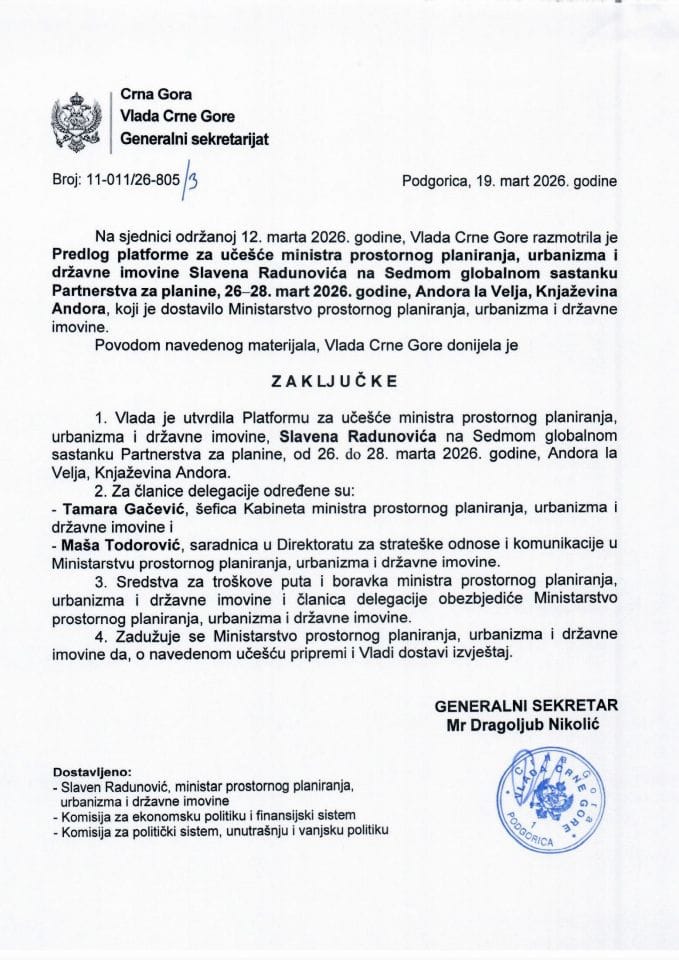 Predlog platforme za učešće ministra prostornog planiranja, urbanizma i državne imovine, Slavena Radunovića, na Sedmom globalnom sastanku Partnerstva za planine, 26 - 28. mart 2026. godine, Andora la Velja, Knjaževina Andora - zaključci