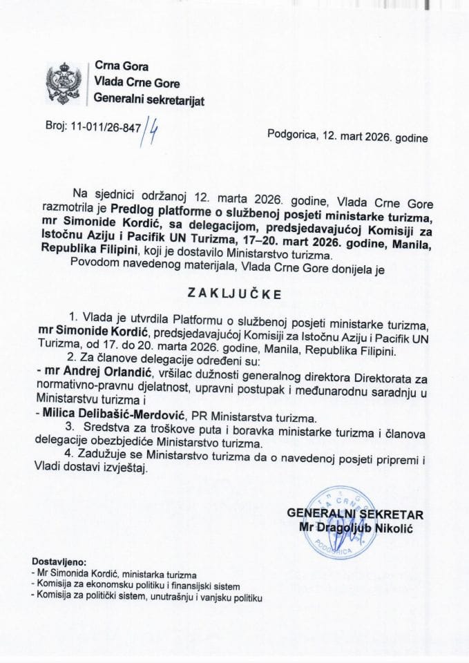 Predlog platforme o službenoj posjeti ministarke turizma, mr Simonide Kordić, sa delegacijom, predsjedavajućoj Komisiji za Istočnu Aziju i Pacifik UN Turizma, 17 - 20. mart 2026. godine, Manila, Republika Filipini - zaključci