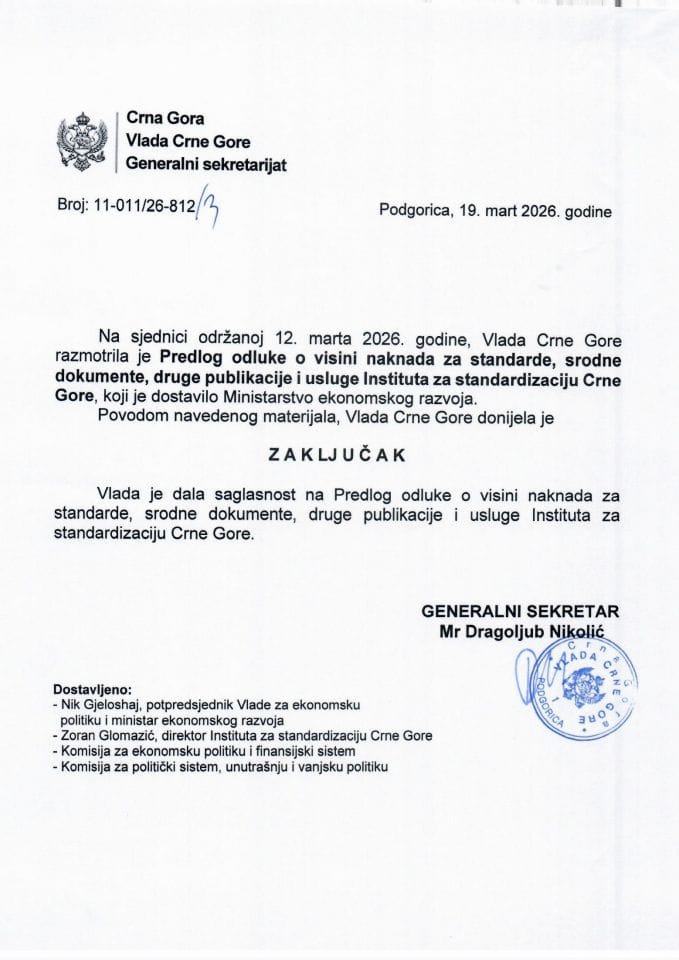 Predlog odluke o visini naknada za standarde, srodne dokumente, druge publikacije i usluge Instituta za standardizaciju Crne Gore - zaključci