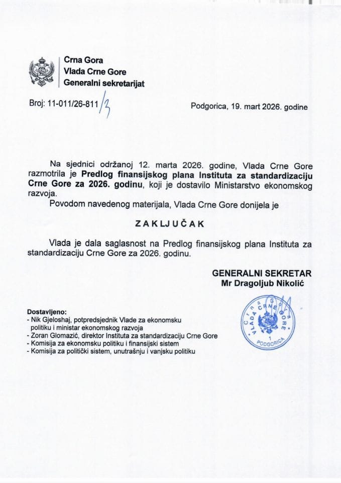 Predlog finansijskog plana Instituta za standardizaciju Crne Gore za 2026. godinu - zaključci