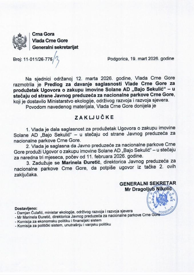 Predlog za davanje saglasnosti Vlade Crne Gore za produžetak Ugovora o zakupu imovine Solane AD „Bajo Sekulić“ - u stečaju od strane Javnog preduzeća za nacionalne parkove Crne Gore - zaključci