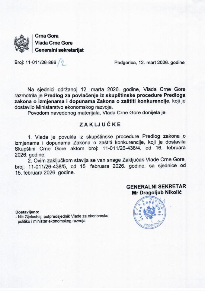 Predlog za povlačenje iz skupštinske procedure Predloga zakona o izmjenama i dopunama Zakona o zaštiti konkurencije - zaključci