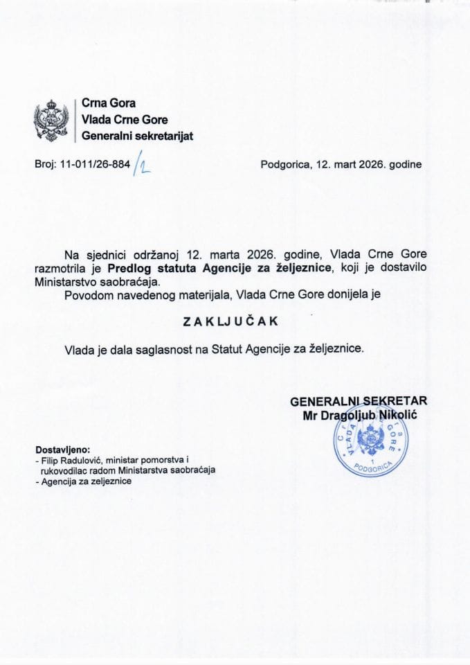 Predlog statuta Agencije za željeznice - zaključci