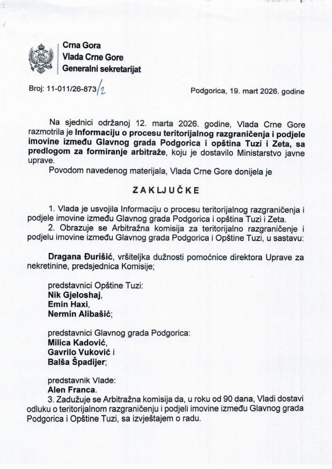 Informacija o procesu teritorijalnog razgraničenja i podjele imovine između Glavnog grada Podgorica i Opštine Tuzi, sa predlogom za formiranje arbitraže - zaključci