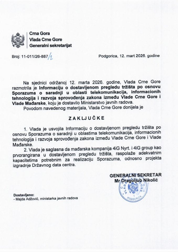 Informacija o dostavljenom pregledu tržišta po osnovu Sporazuma o saradnji u oblasti telekomunikacija, informacionih tehnologija i razvoja sprovođenja zakona između Vlade Crne Gore i Vlade Mađarske - zaključci