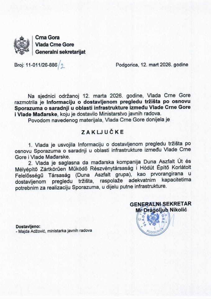 Informacija o dostavljenom pregledu tržišta po osnovu Sporazuma o saradnji u oblasti infrastrukture između Vlade Crne Gore i Vlade Mađarske - zaključci