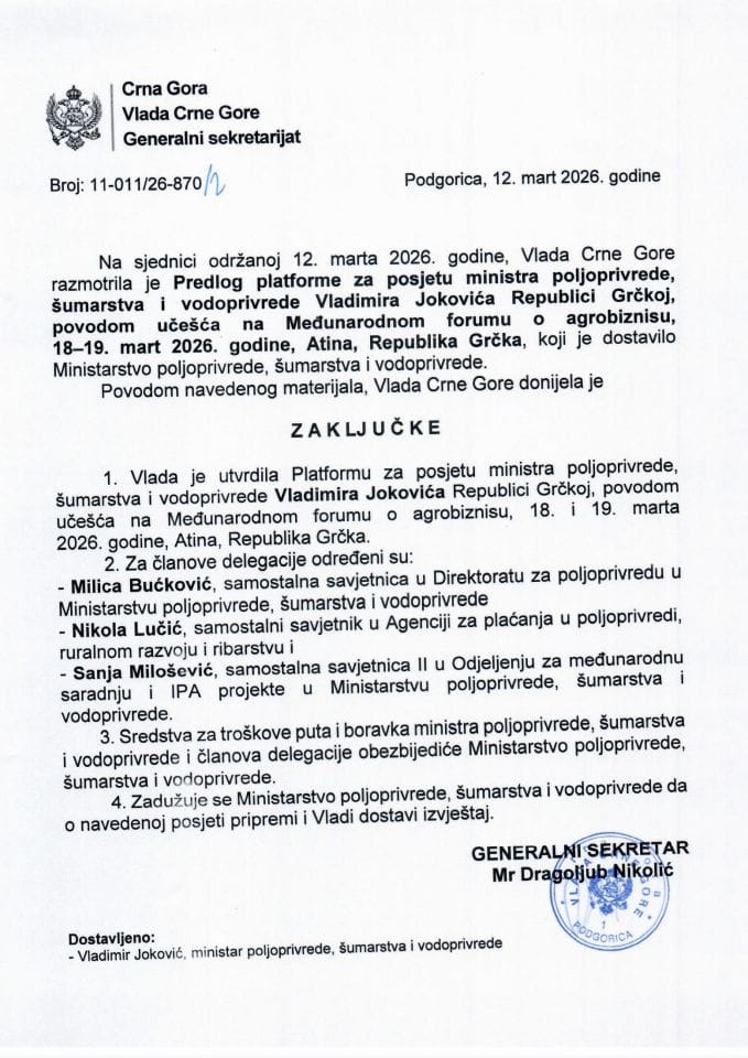 Predlog platforme za posjetu ministra poljoprivrede, šumarstva i vodoprivrede Vladimira Jokovića Republici Grčkoj, povodom učešća na Međunarodnom forumu o agrobiznisu,18–19. mart 2026. godine, Atina, Republika Grčka - zaključci