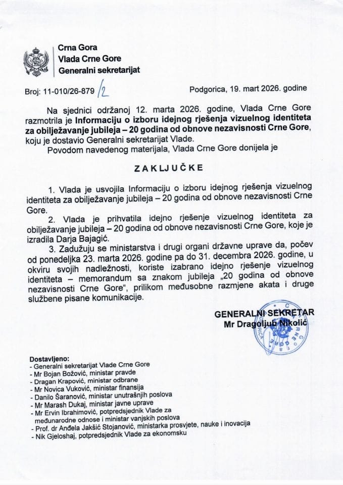 Informacija o izboru idejnog rješenja vizuelnog identiteta za obilježavanje jubileja - 20 godina od obnove nezavisnosti Crne Gore - zaključci