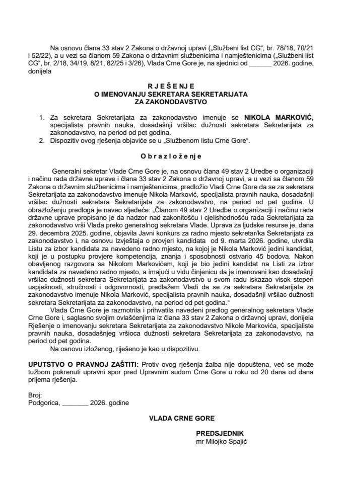 Predlog za imenovanje sekretara Sekretarijata za zakonodavstvo