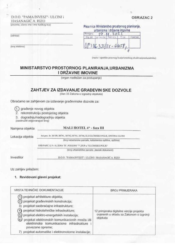 Захтјеви за издавање грађевинске дозволе - УПИ_06_333_25_6458_1 ДОО ПАМА ИНВЕСТ УЛЦИЊ И ХАСАНАГИЋ А. РИЗА