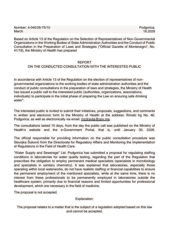 Report of consultation - The Law on ensuring safe drinking water