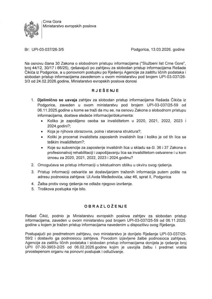 Zahtjev za slobodan pristup informacijama Rešad Čikić ponovni postupak