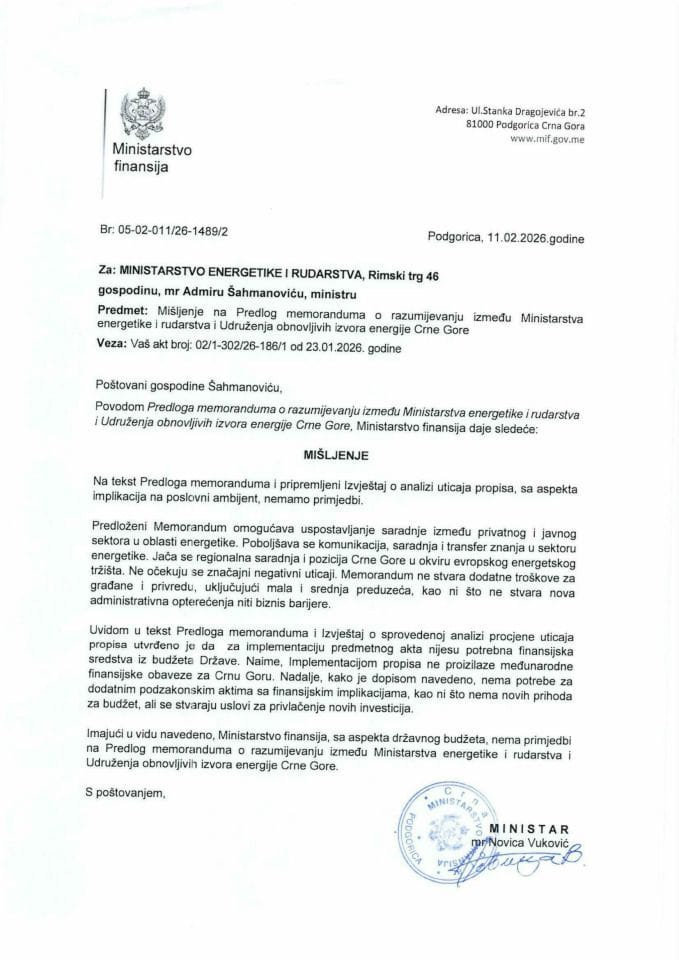 Mišljenje na Predlog memoranduma o razumijevanju između Ministarstva energetike i rudarstva i Udruženja obnovljivih izvora energije Crne Gore