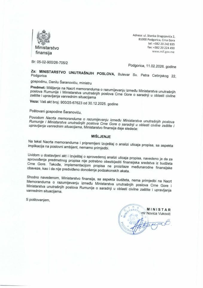 Mišljenje na Nacrt memoranduma o razumijevanju između Ministarstva unutrašnjih poslova Rumunije i Ministarstva unutrašnjih poslova Crne Gore o saradnji u oblasti civilne zaštite i upravljanja vanrednim situacijama