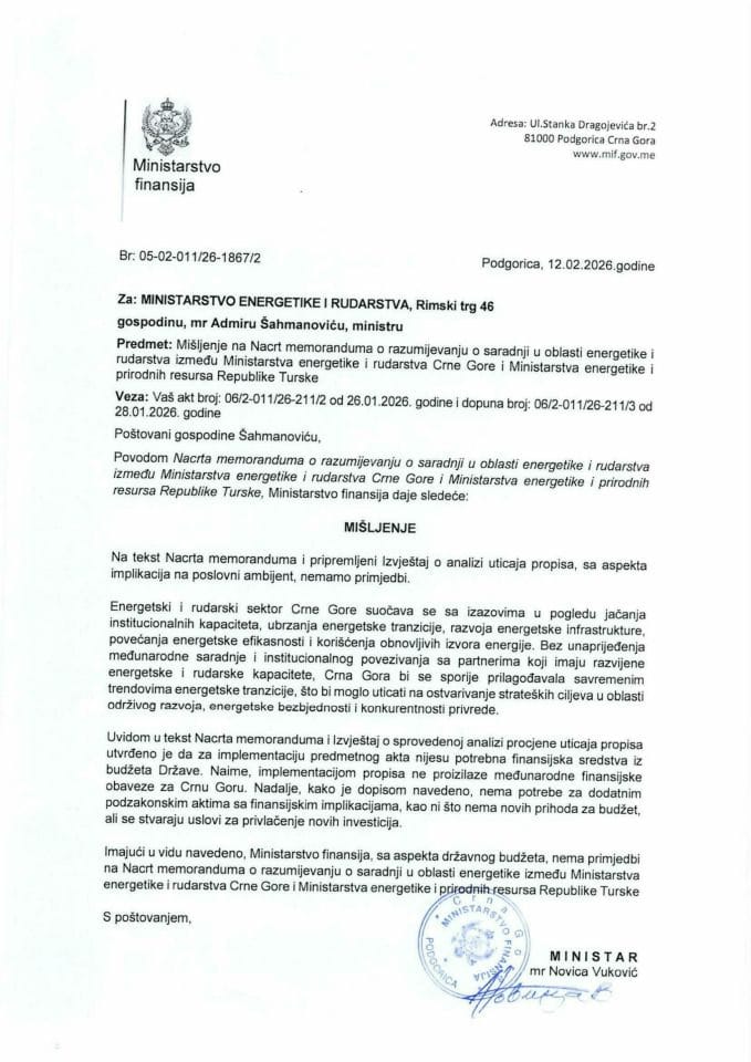 Mišljenje na Nacrt memoranduma o razumijevanju o saradnji u oblasti energetike i rudarstva između Ministarstva energetike i rudarstva Crne Gore i Ministarstva energetike i prirodnih resursa Republike Turske