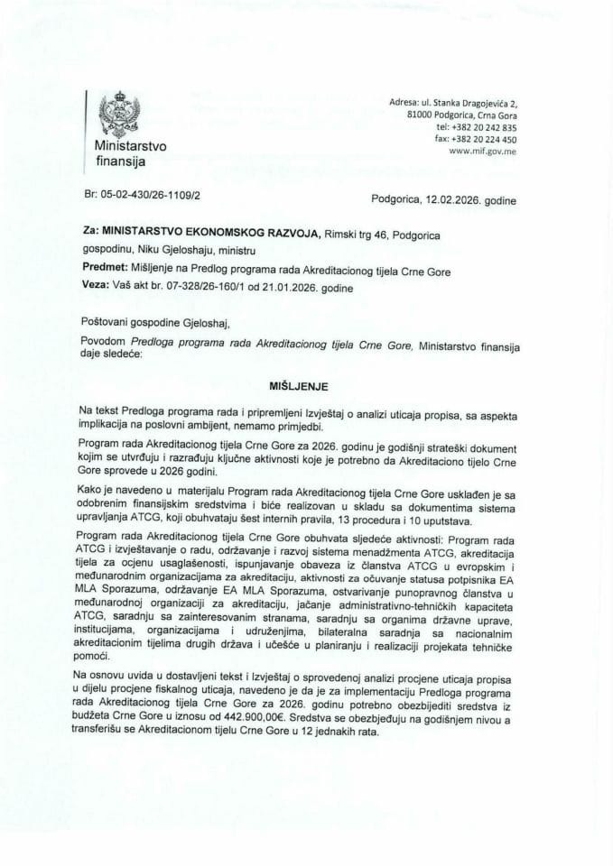 Mišljenje na Predlog programa rada Akreditacionog tijela Crne Gore