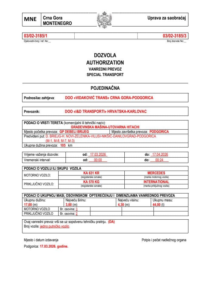 VIDAKOVIĆ TRANS 03-02-3185-I&D TRANS