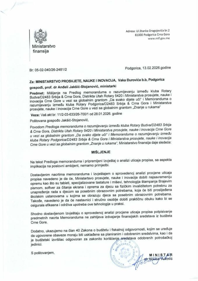 Mišljenje na Predlog memoranduma o razumijevanju između kluba Rotary Budva/D2483 Srbija & Crna Gora, Distrikta Utah Rotary 5420 i Ministarstva prosvjete, nauke i inovacija Crne Gore u vezi sa globalnim grantom Da svako dijete uči
