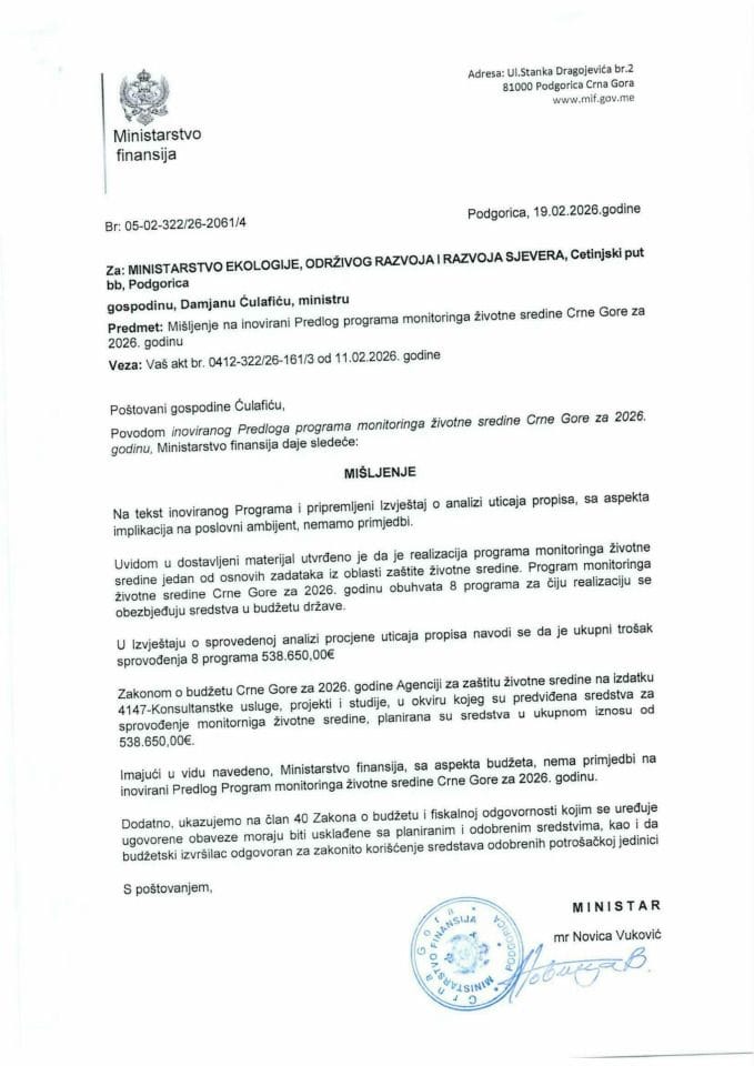 Mišljenje na inovirani Predlog programa monitoringa životne sredine Crne Gore za 2026. godinu