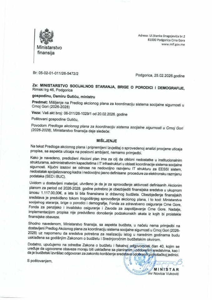 Mišljenje na Predlog Akcionog plana za koordinaciju sistema socijalne sigurnosti u Crnoj Gori 2026-2028