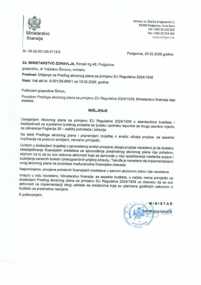 Mišljenje na Predlog akcionog plana za primjenu EU Regulative 2024/1938