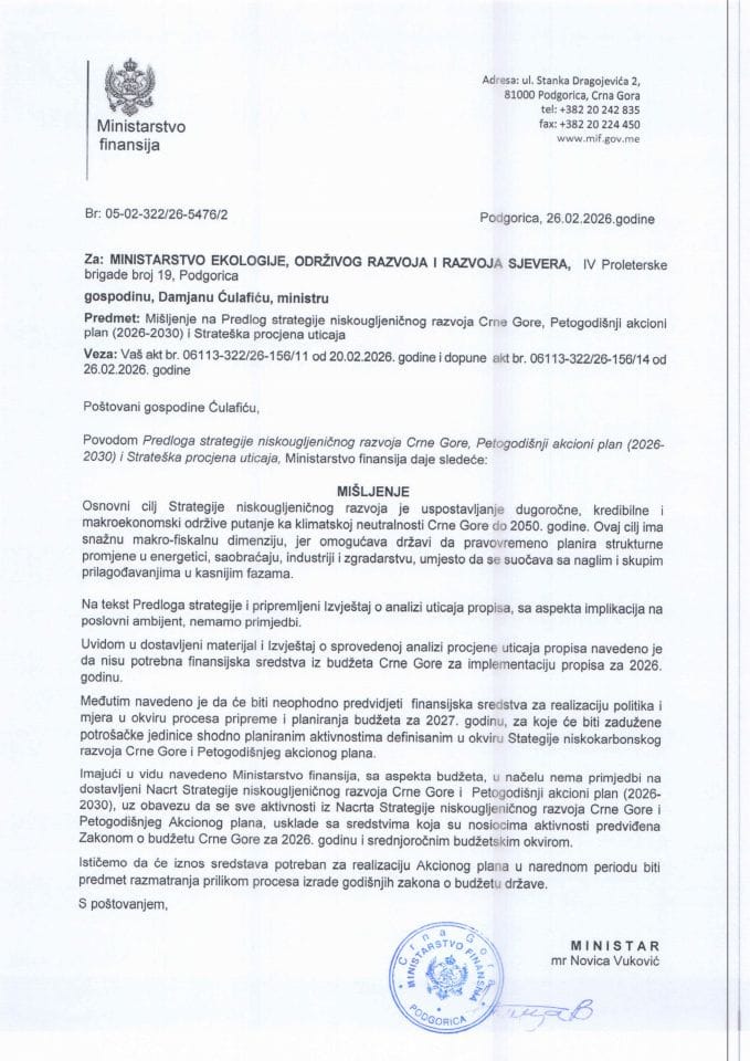 Mišljenje na Predlog strategije niskougljeničnog razvoja Crne Gore, Petogodišnji akcioni plan 2026-2030 i Strateška procjena uticaja
