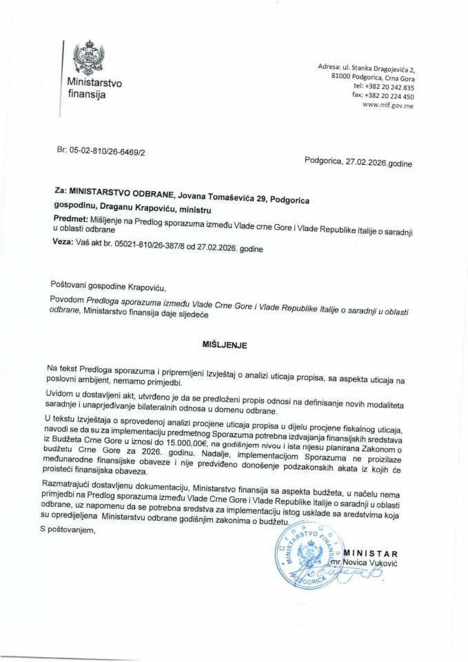 Mišljenje na Predlog sporazuma između Vlade Crne Gore i Republike Italije o saradnji u oblasti odbrane