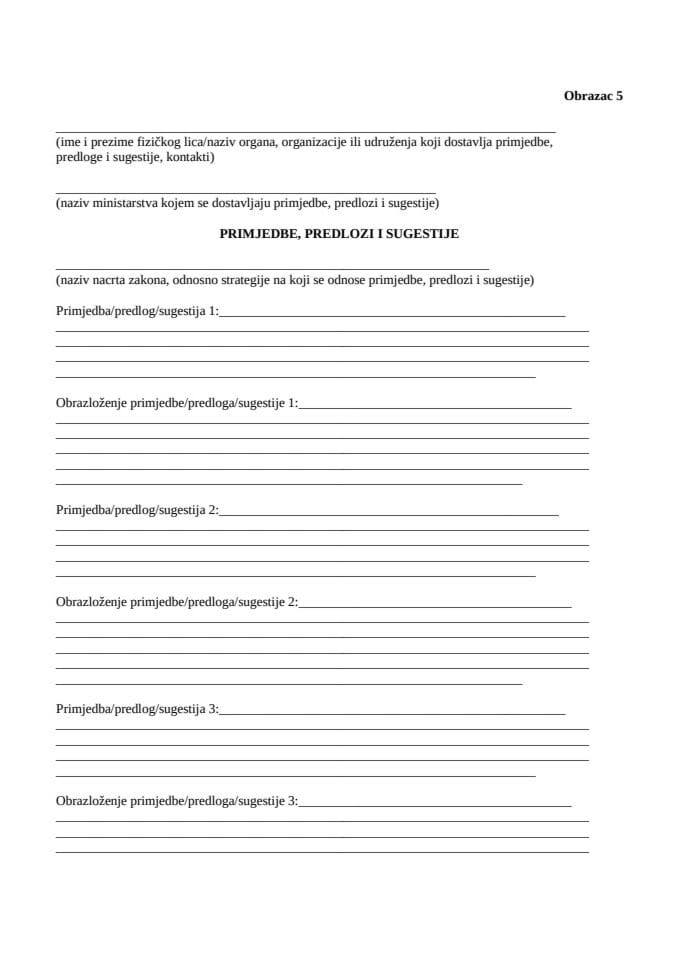 Obrazac za dostavljanje primjedbi predloga i sugestija
