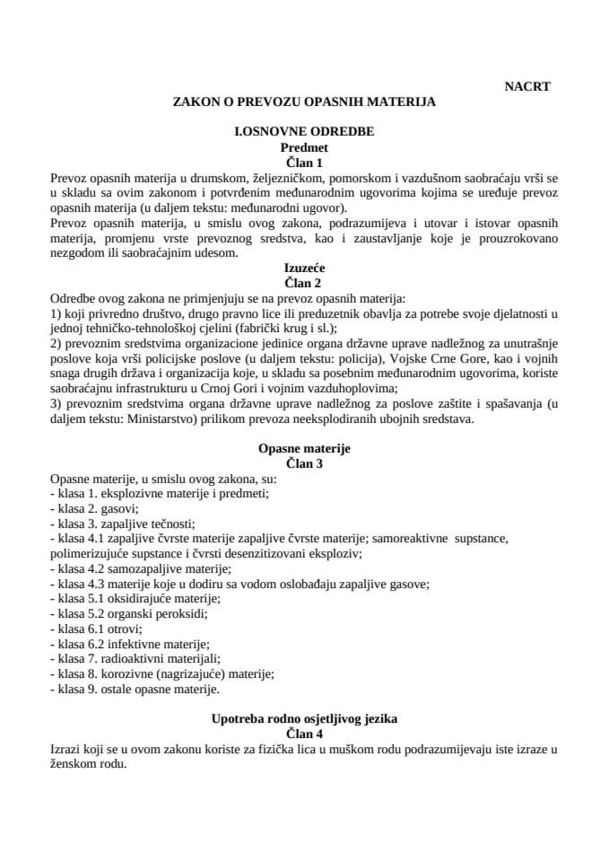 Nacrt Zakona o prevozu opasnih materija
