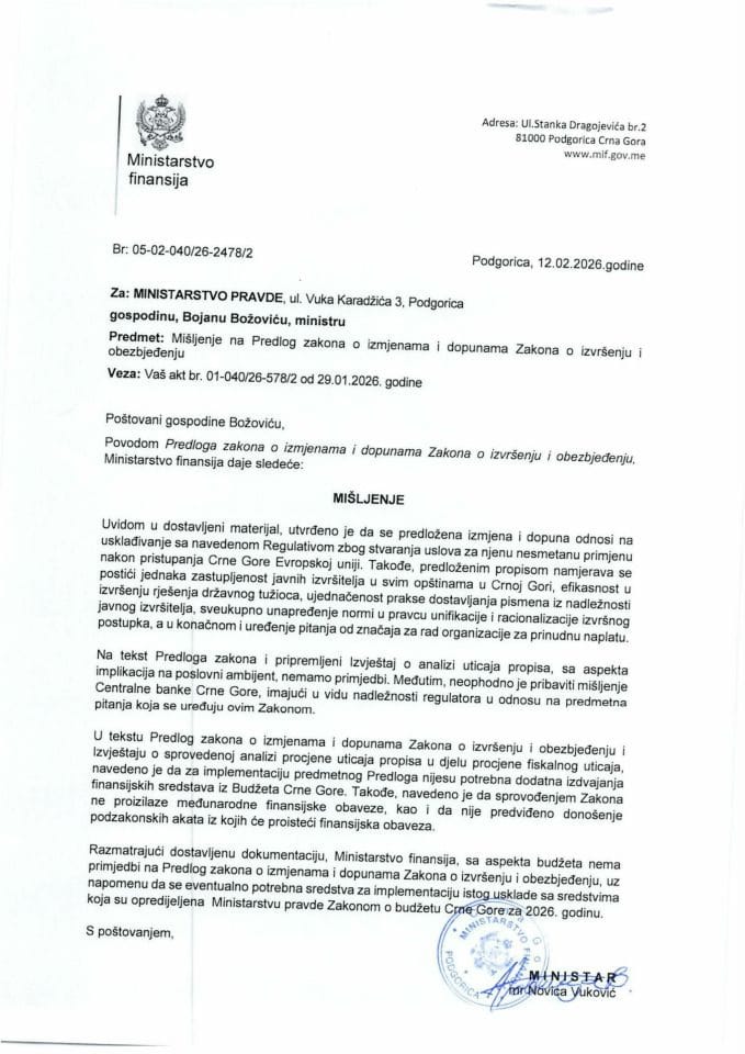 Mišljenje na Predlog zakona o izmjenama i dopunama Zakona o izvršenju i obezbjeđenju