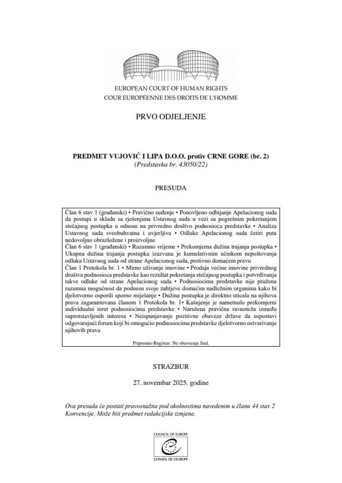 Presuda VUJOVIĆ I LIPA D.O.O. protiv Crne Gore