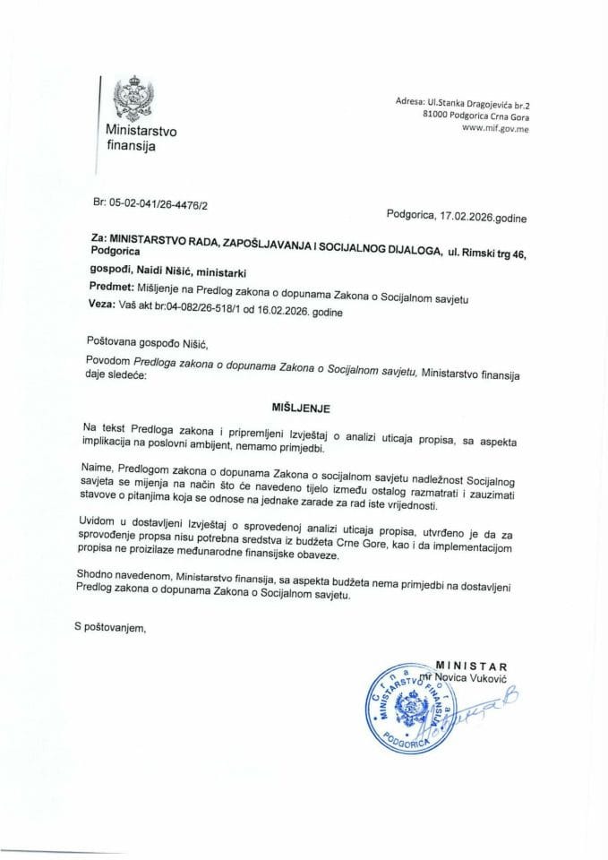 Mišljenje na Predlog zakona o dopunama Zakona o socijalnom savjetu