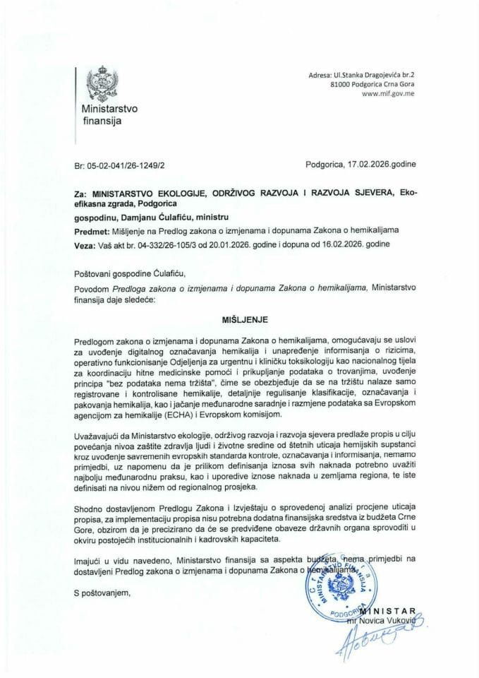 Mišljenje na Predlog zakona o izmjenama i dopunama Zakona o hemikalijama