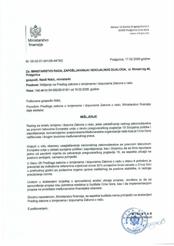 Mišljenje na Predlog zakona o izmjenama i dopunama Zakona o radu