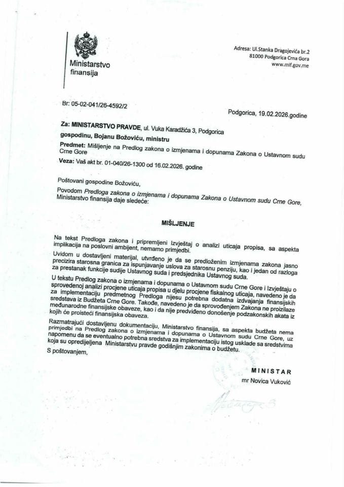 Mišljenje na Predlog zakona o izmjenama i dopunama Zakona o Ustavnom sudu