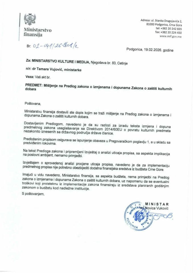 Mišljenje na Predlog zakona o izmjenama i dopunama Zakona o zaštiti kulturnih dobara