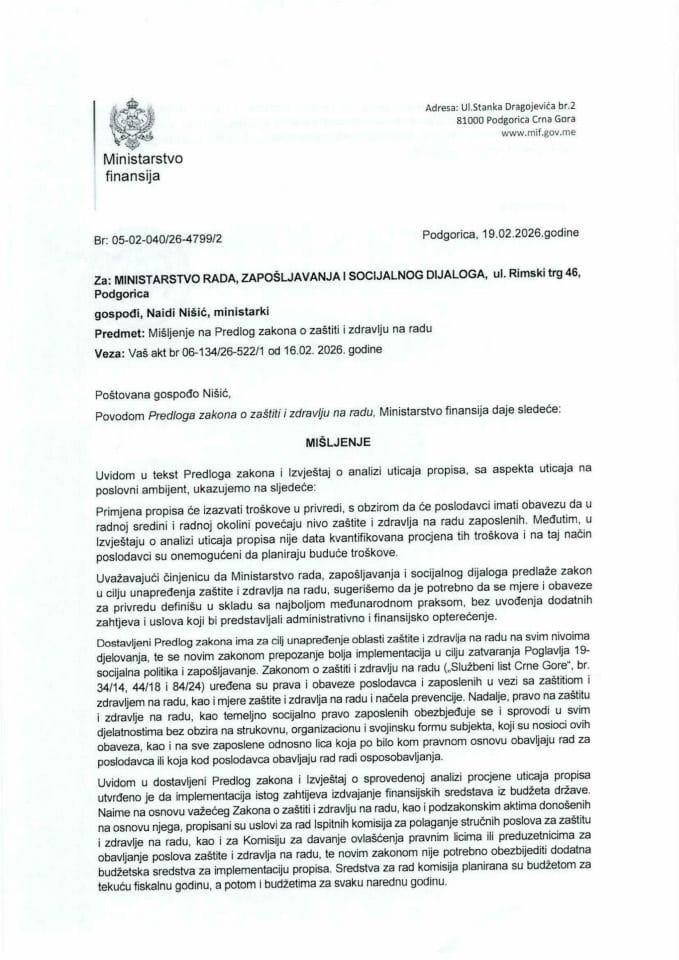 Mišljenje na Predlog zakona o zaštiti i zdravlju na radu