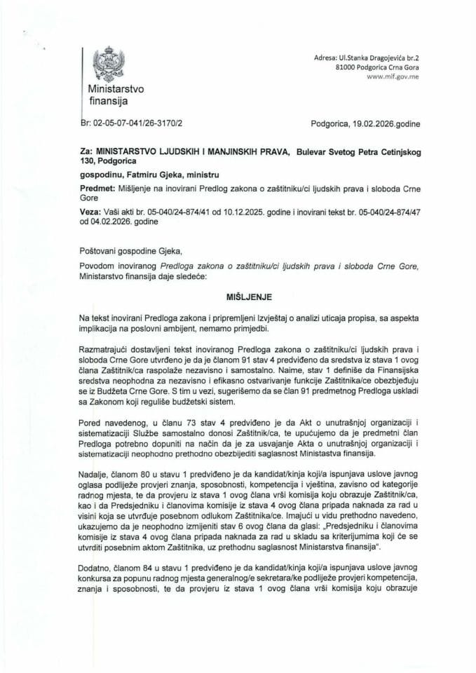 Mišljenje na inovirani Predlog zakona o zaštitniku/ci ljudskih prava i sloboda Crne Gore