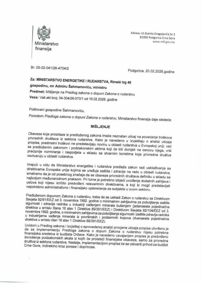 Mišljenje na Predlog zakona o dopuni Zakona o rudarstvu