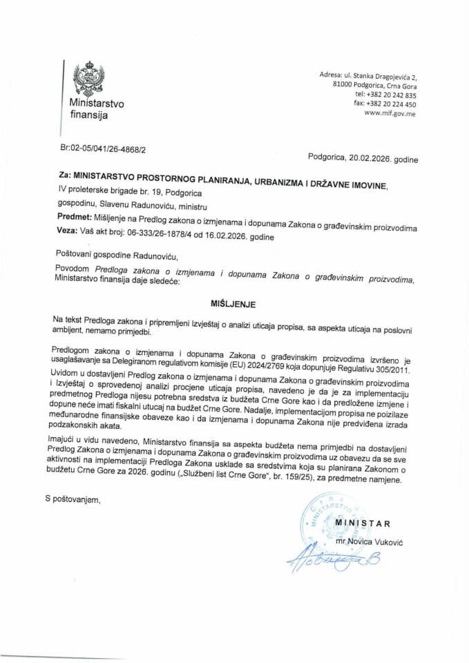 Mišljenje na Predlog zakona o izmjenama i dopunama Zakona o građevinskim proizvodima