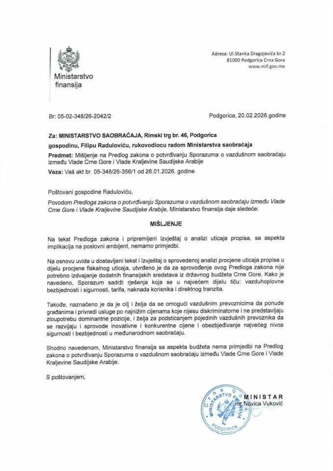 Mišljenje na Predlog zakona o potvrđivanju Sporazuma o vazdušnom saobraćaju između Vlade Crne Gore i Vlade Kraljevine Saudijske Arabije