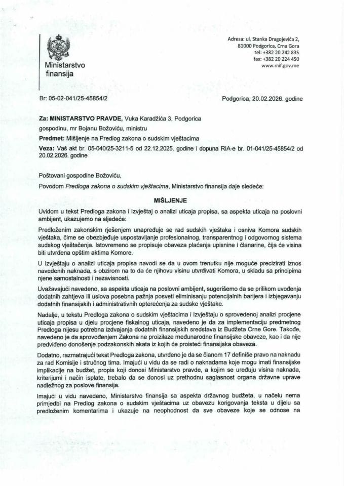 Mišljenje na Predlog zakona o sudskim vještacima