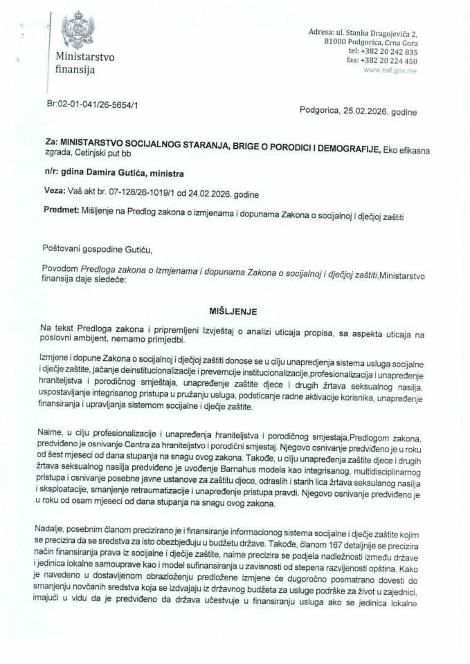 Mišljenje na Predlog zakona o izmjenama i dopunama Zakona o socijalnoj i dječjoj zaštiti