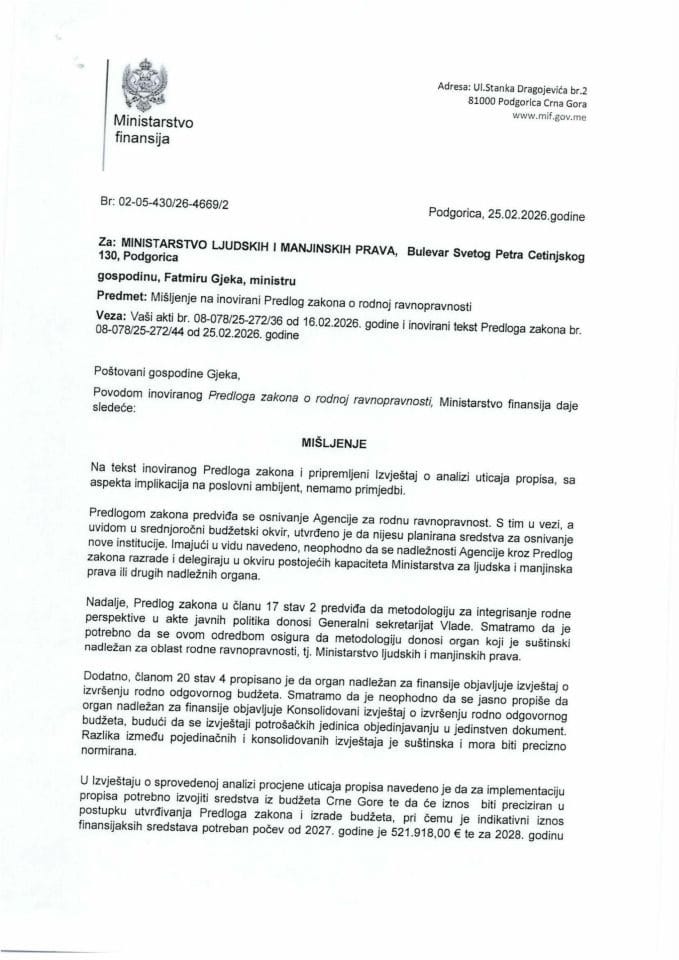 Mišljenje na inovirani Predlog zakona o rodnoj ravnopravnosti