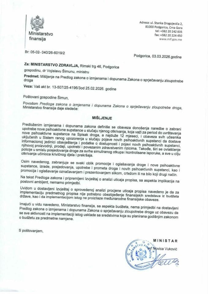 Mišljenje na Predlog zakona o izmjenama i dopunama Zakona o sprječavanju zloupotrebe droga