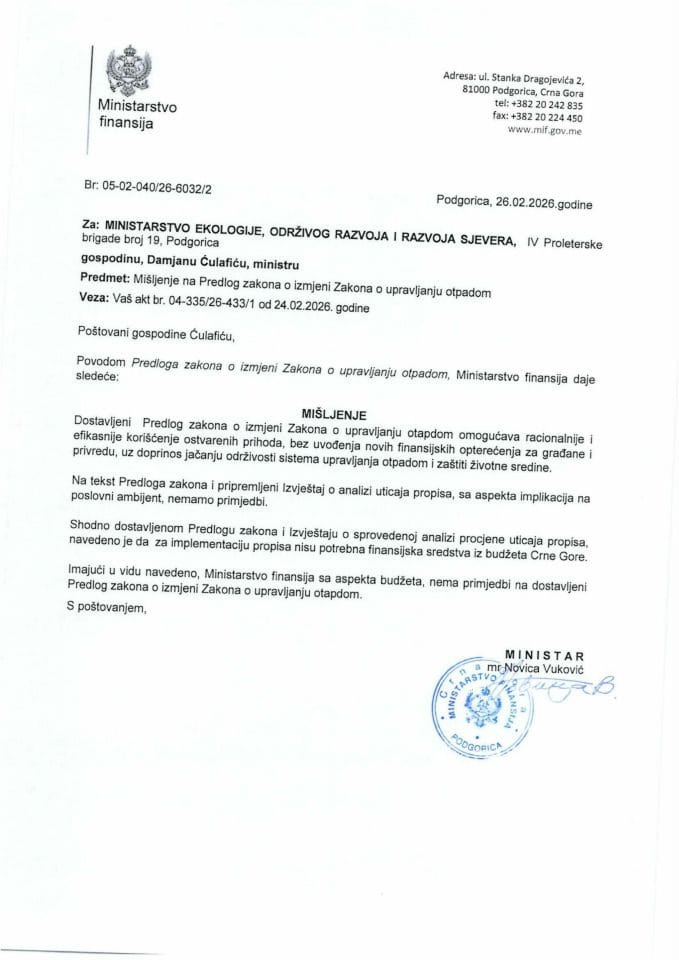 Mišljenje na Predlog zakona o izmjeni Zakona o upravljanju otpadom