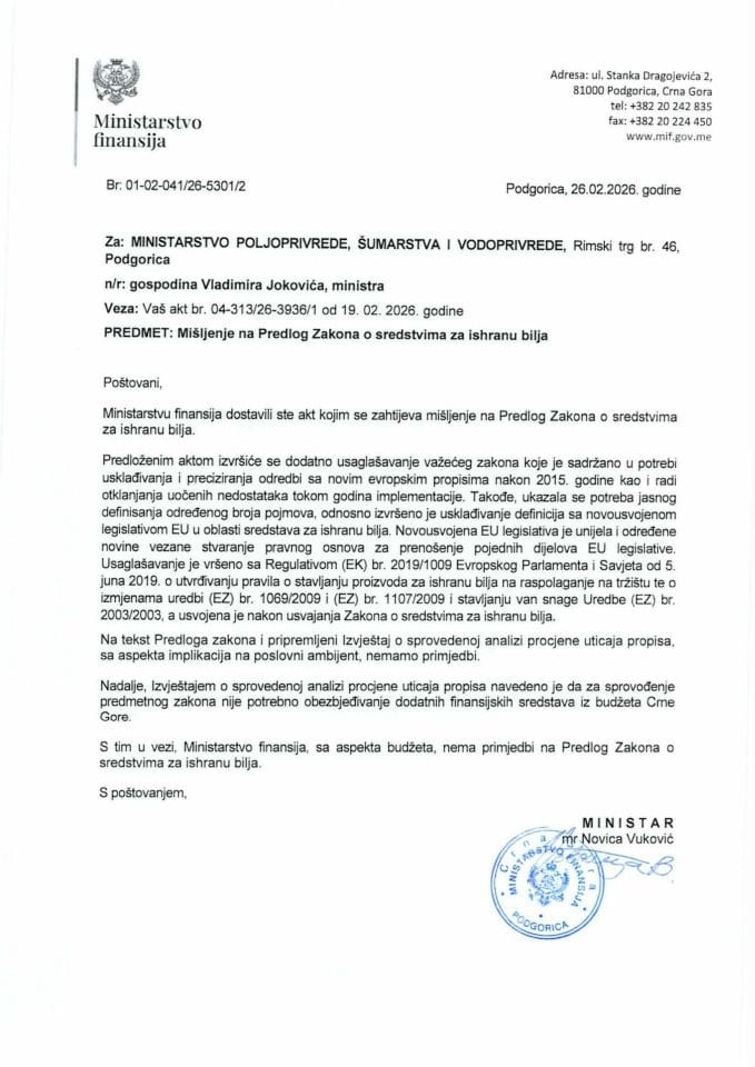 Mišljenje na Predlog Zakona o sredstvima za ishranu bilja